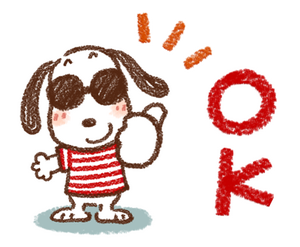 Line sticker: Snoopy in sunglasses and a t-shirt, giving a thumbs up and saying "OK"